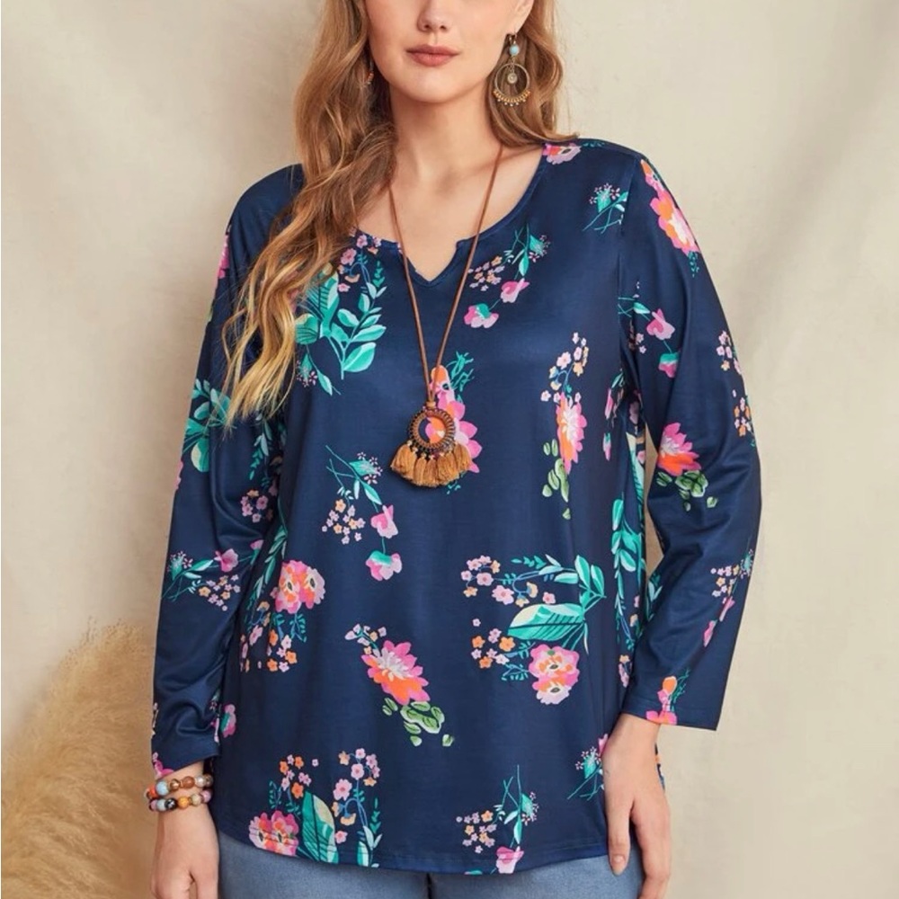SHEIN Emery Rose Plus Blue Floral Print Long Sleeve Notched Neck Blouse